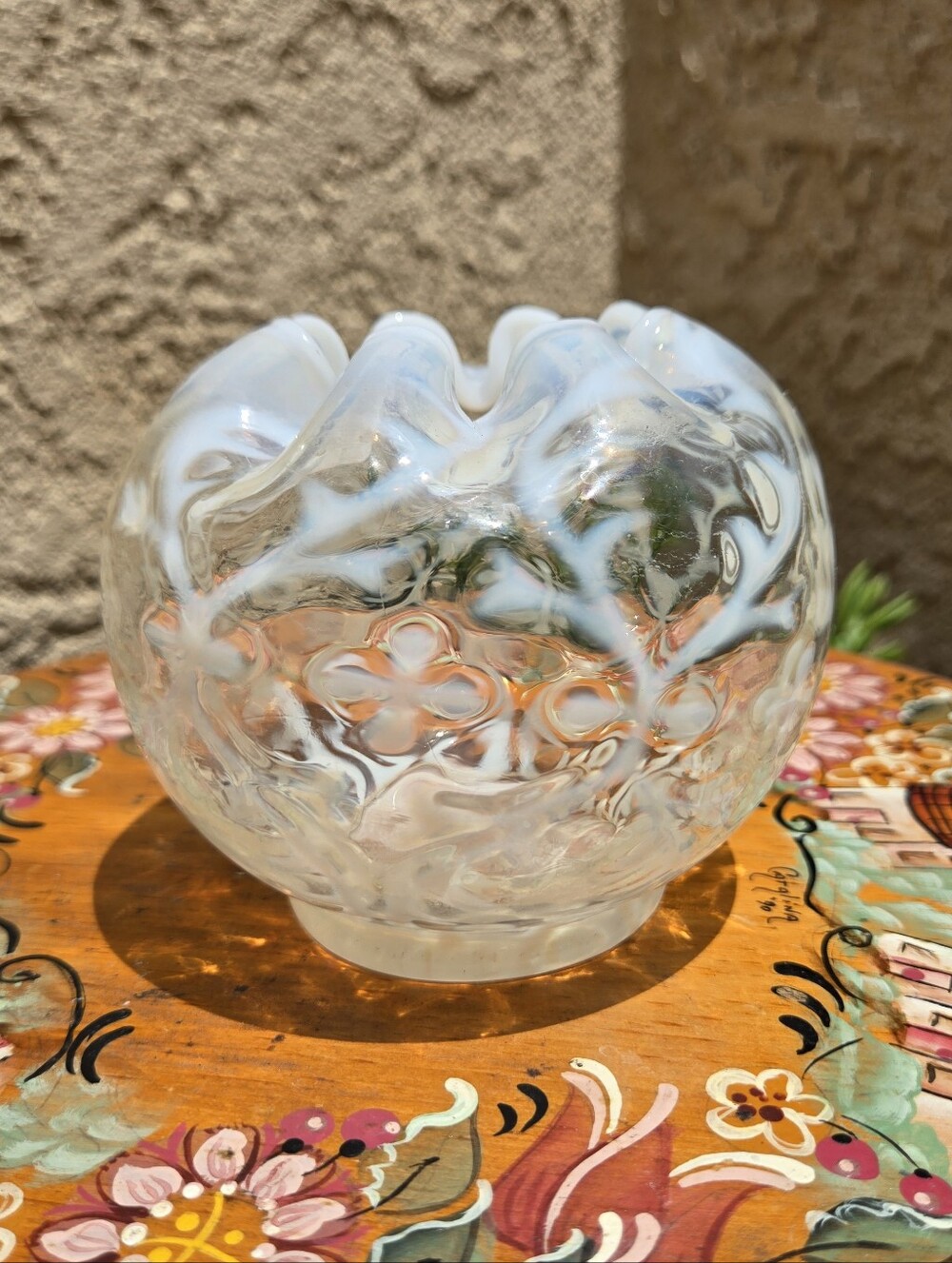Antique 1899 Northwood Spanish Lace White Opalescent Glass Rose Bowl Vase No Chi